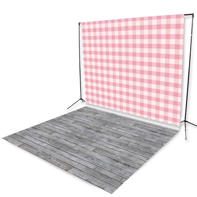 Pink Plaid & Gray Pine Floor Extended Printed Backdrop