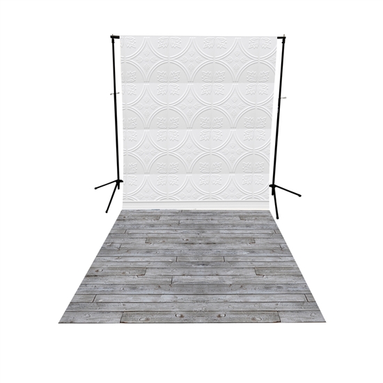 White Tin Tiles & Gray Pine Floor Extended Printed Backdrop