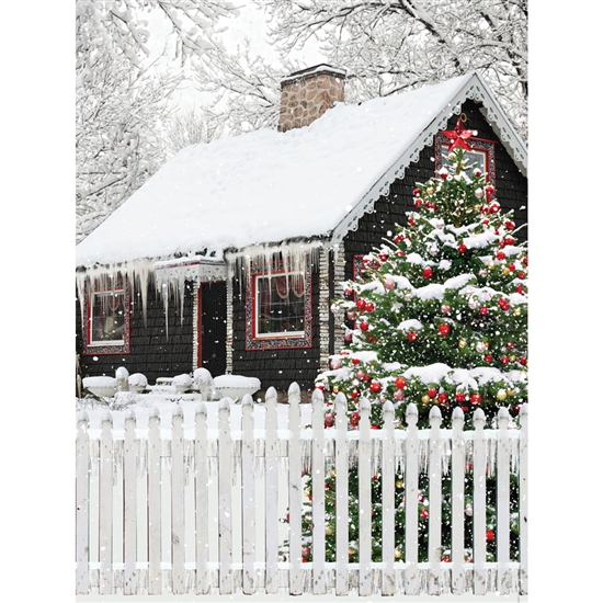 Frosty Christmas Cabin Printed Backdrop